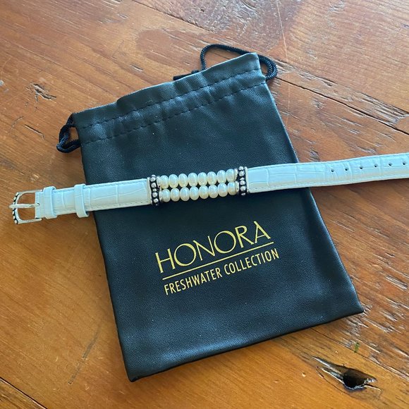 HONORA FRESHWATER COLLECTION PEARL STERLING SILVER & WHITE LEATHER BRACELET NWOT - Picture 1 of 8